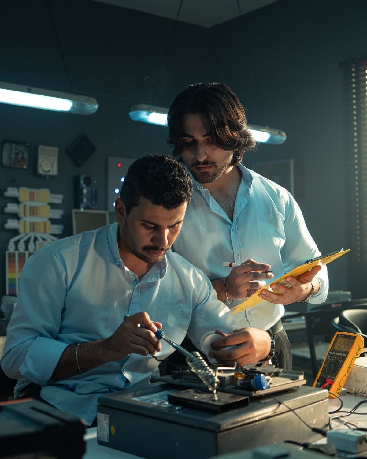 Two engineers at a test bench: one solders a circuit while the other records the readings on a clipboard